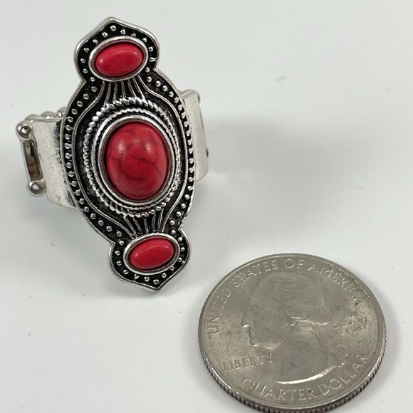 Red Howlite Silver Tone Art Deco Gothic Stretch Band Ring Adjustable Fashion - Picture 5 of 6